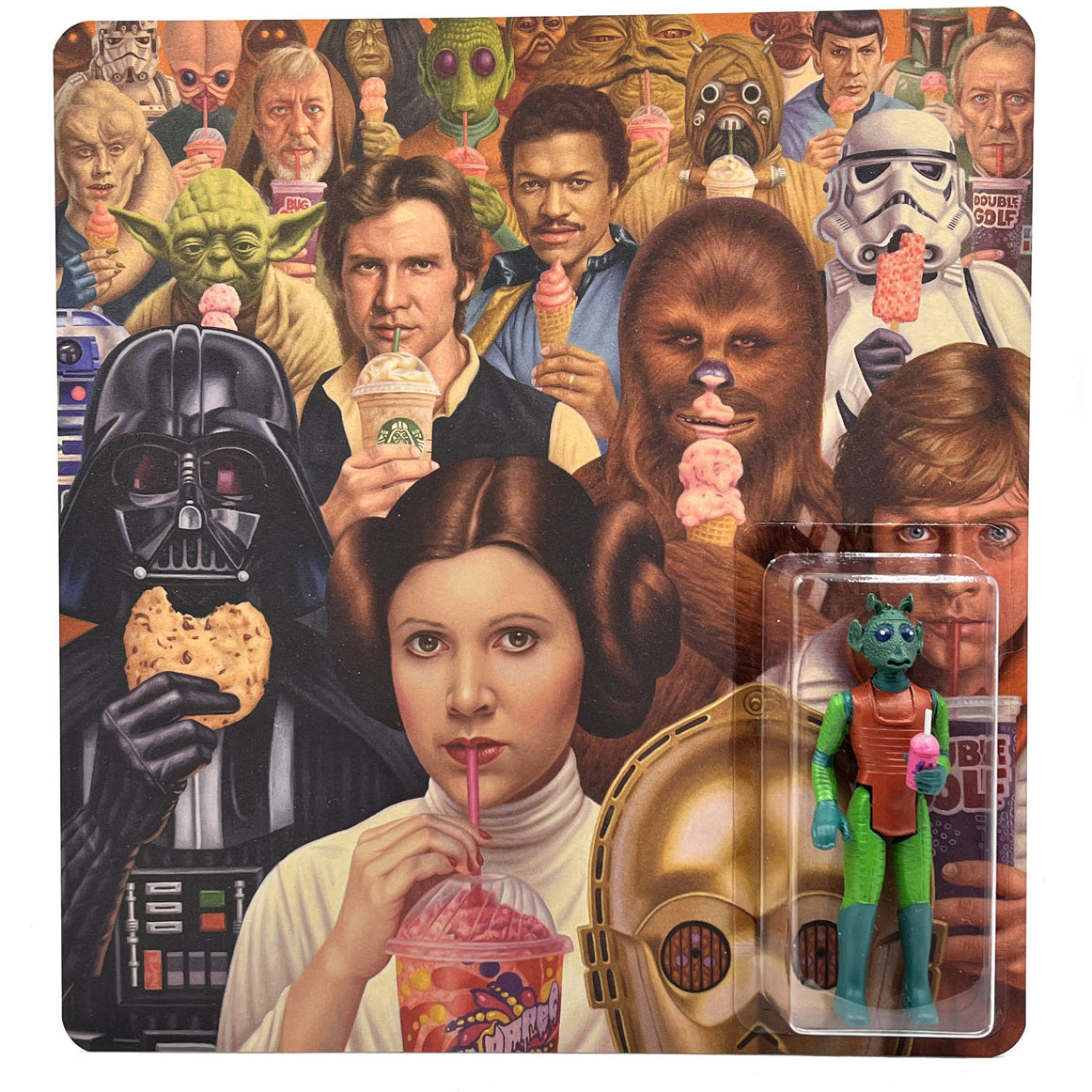 Star Wars characters, including Darth Vader, Princess Leia, Chewbacca, and others, enjoy various snacks and drinks. On the lower right is a limited edition Greedo action figure from Alex Gross—hand cast in resin and packaged with an ice cream cone accessory.