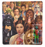 Star Wars characters, including Darth Vader, Princess Leia, Chewbacca, and others, enjoy various snacks and drinks. On the lower right is a limited edition Greedo action figure from Alex Gross—hand cast in resin and packaged with an ice cream cone accessory.