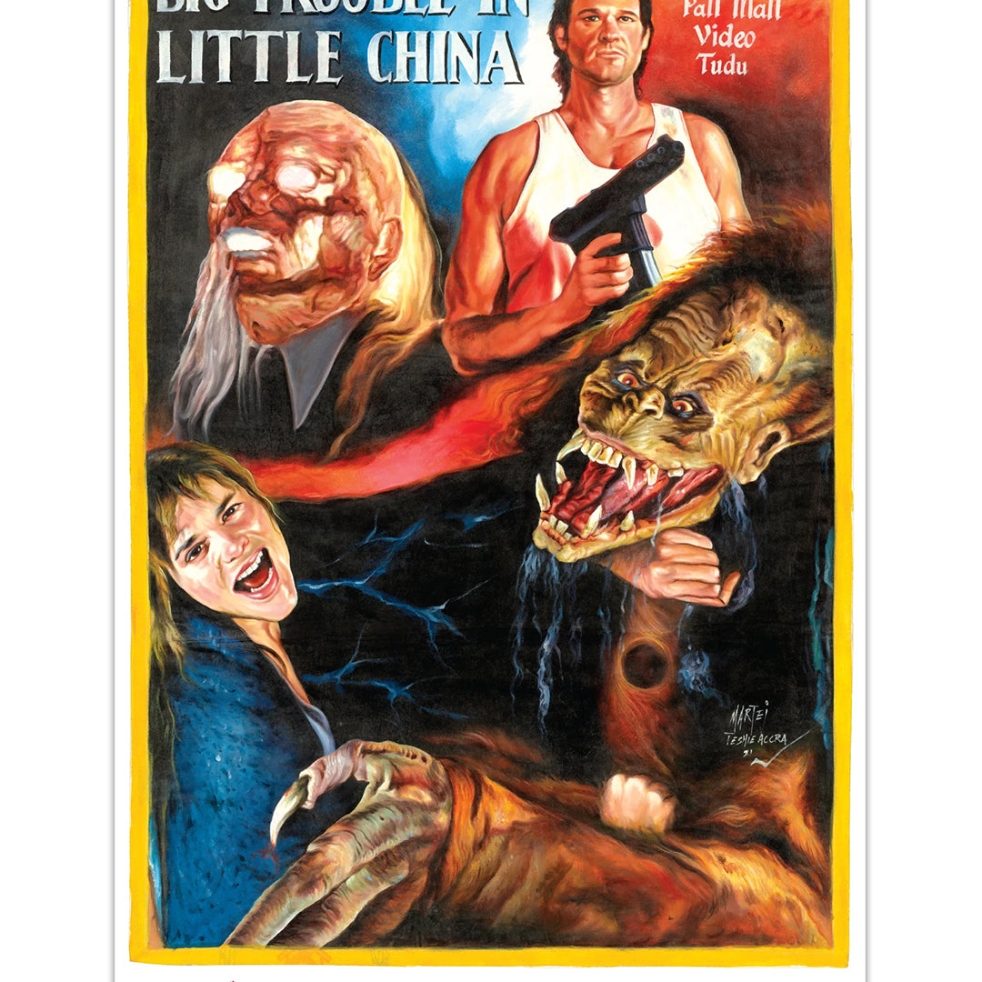 Deadly Prey illustrated digital print movie poster for Big Trouble in Little China by H.K. Mathias, showing a muscular man with a gun, a screaming woman, a monstrous creature, and a grotesque face against a bold red and black background.