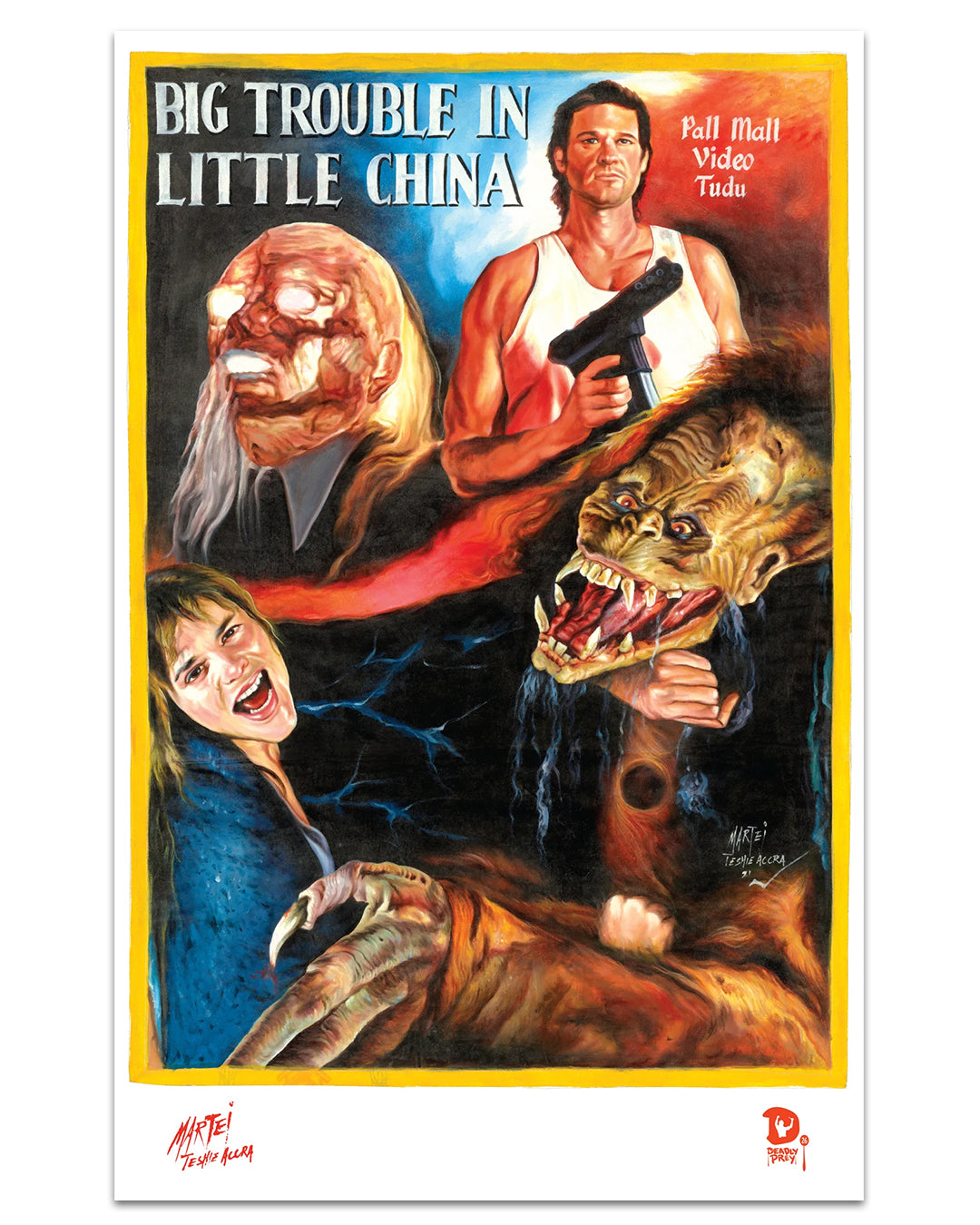 Deadly Prey illustrated digital print movie poster for Big Trouble in Little China by H.K. Mathias, showing a muscular man with a gun, a screaming woman, a monstrous creature, and a grotesque face against a bold red and black background.