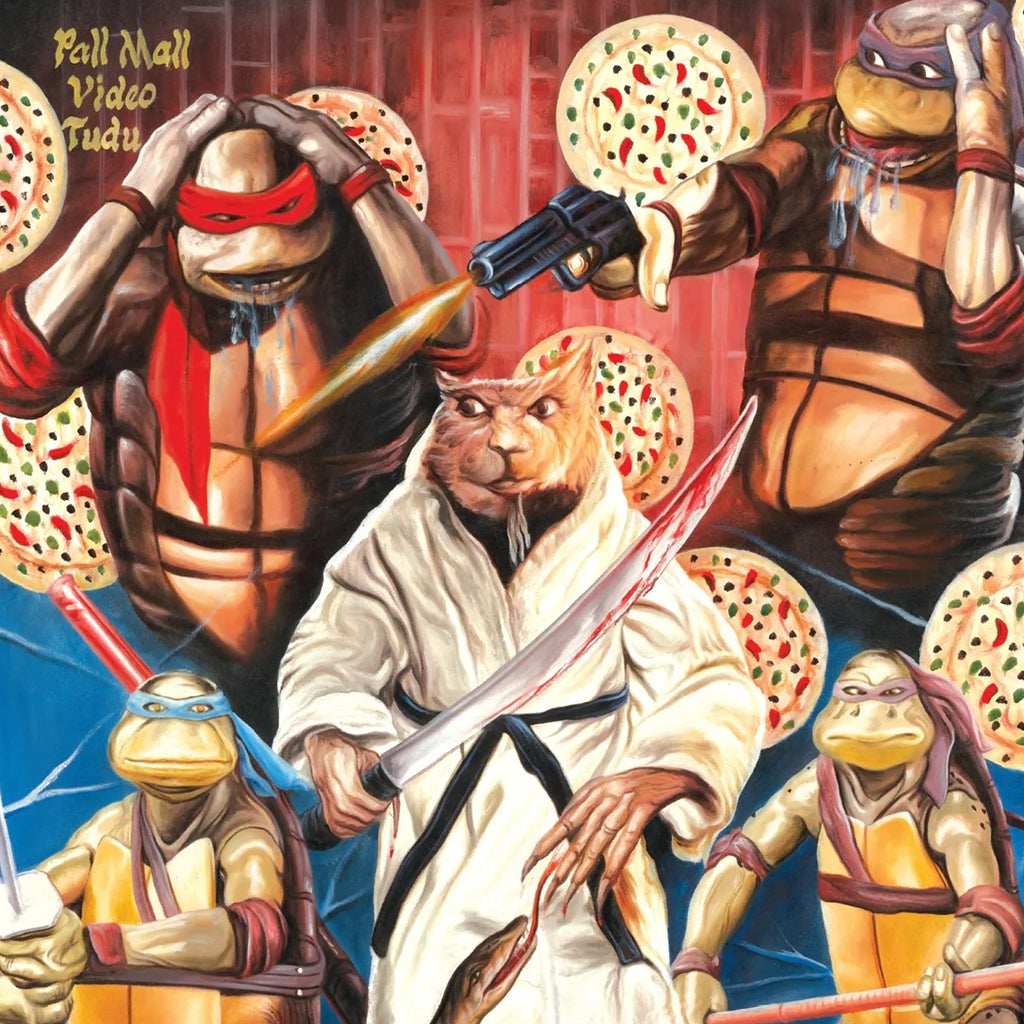 Four masked Teenage Mutant Ninja Turtles pose with weapons around a robed rat wielding a sword, with pizza slice halos and neon signs, in this vibrant Deadly Prey digital print by H.K. Mathias.