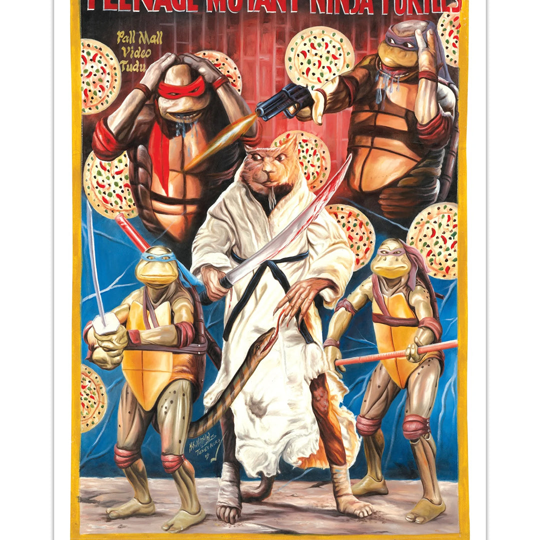 This Deadly Prey digital print by H.K. Mathias showcases Splinter with katanas at the center, surrounded by the four Teenage Mutant Ninja Turtles and floating pizzas, with bold “Teenage Mutant Ninja Turtle” text in the background.