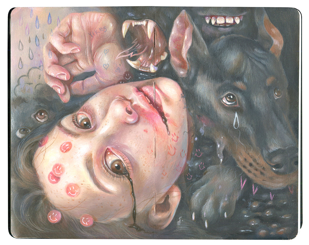 painting in an open face Moleskine notebook of a woman laying down with various dogs and snarling mouths surrounding her by artist Hanna Jaeun