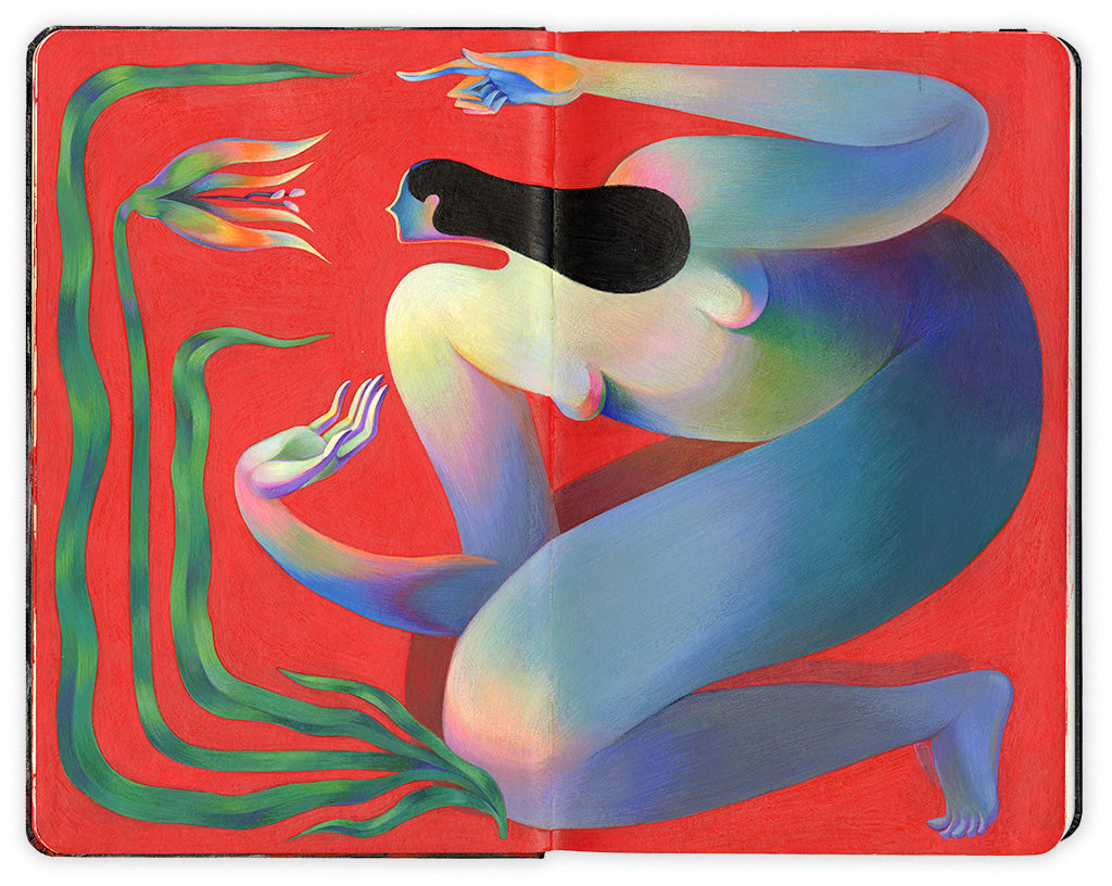 Painting of a nude woman with long black hair, with various shades and hues crouched and pointing towards a flower blossoming set against a bright red background on a Moleskine Notebook by artist Hanna Lee Joshi