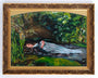 A Spoke Art framed oil on canvas features a woman in a long dress lying in a pond, surrounded by lush greenery—evoking the iconic Ophelia scene from Shakespeare’s Hamlet; classic Hannah Gillingham artistry.