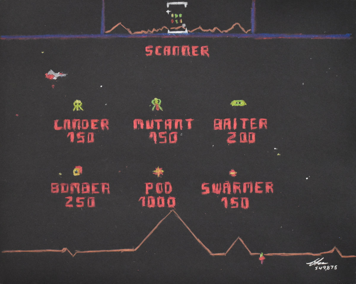 Screenshot of a retro arcade game display in classic Defender art style by Harry Michalakeas, showing pixelated aliens labeled LANDER, MUTANT, BAITER, BOMBER, POD, and SWARMER with score values on a black background with red text.