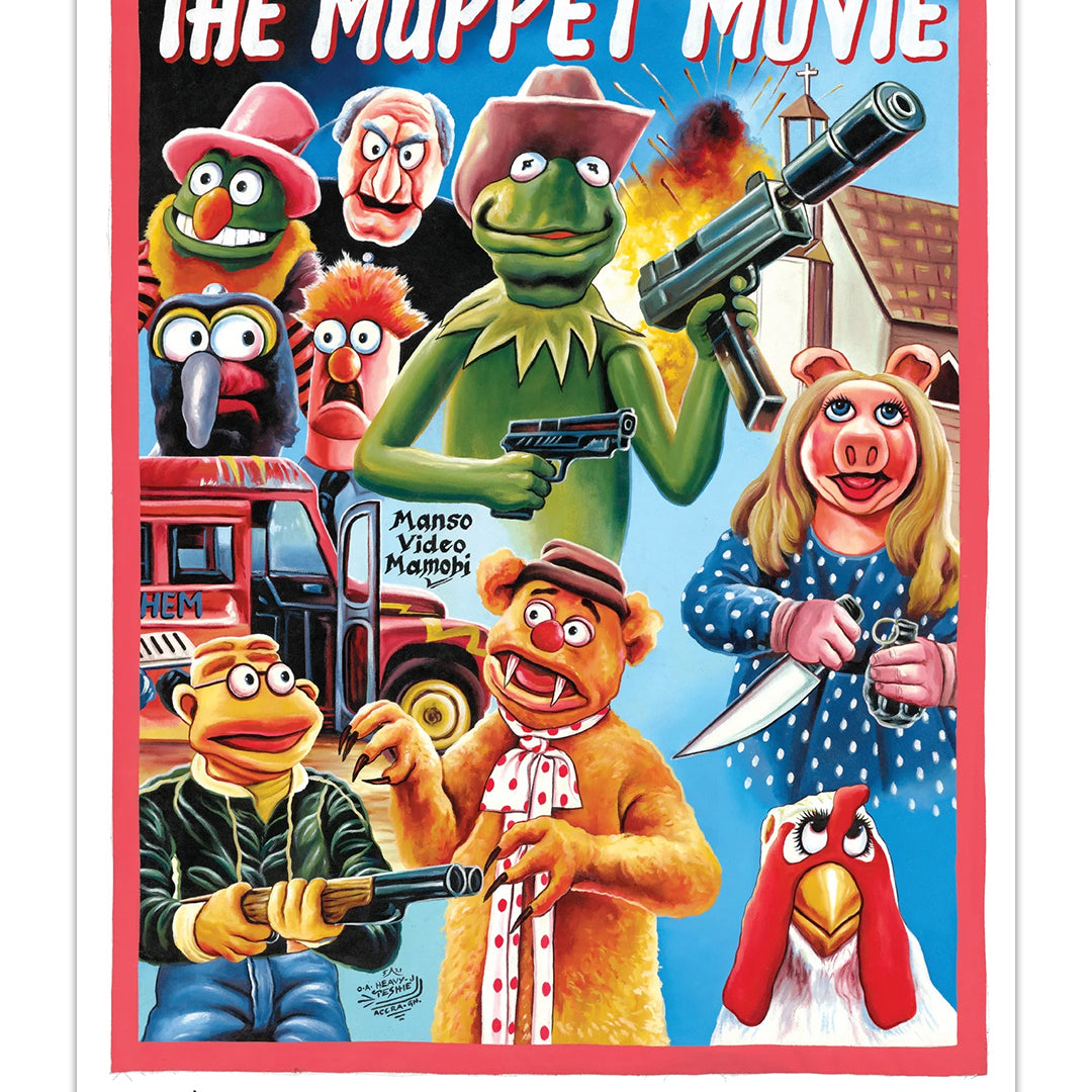 Deadly Prey’s parody poster of The Muppet Movie features Kermit with a gun, Miss Piggy with a knife, and Fozzie Bear with a shotgun in action-movie style, printed on 100lb card stock.