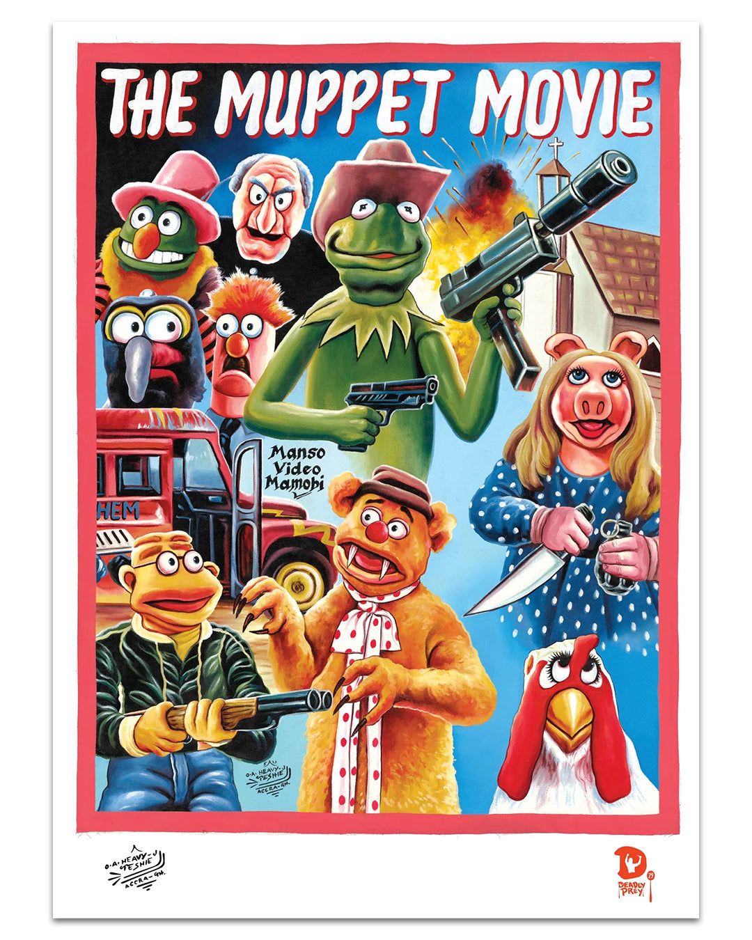 Deadly Prey’s parody poster of The Muppet Movie features Kermit with a gun, Miss Piggy with a knife, and Fozzie Bear with a shotgun in action-movie style, printed on 100lb card stock.