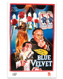 A vibrant Deadly Prey digital movie poster for Blue Velvet shows a man crying with a glass, a bird on a branch, two Pabst Blue Ribbon cans, a white fence, and red roses in the background.