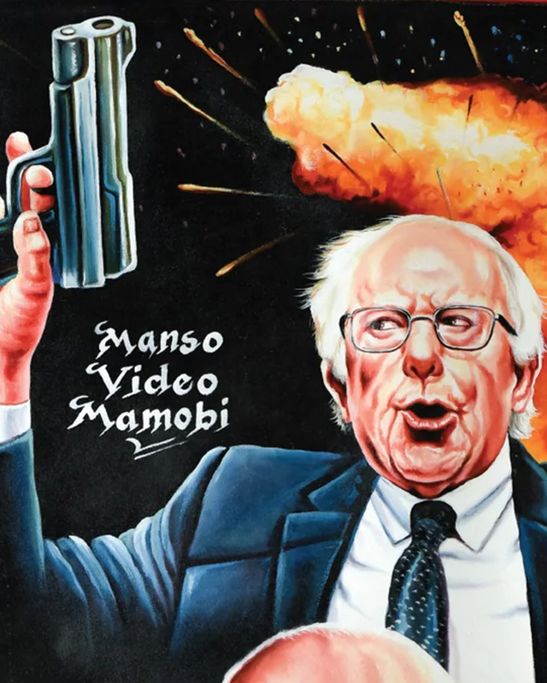 A bold Deadly Prey digital art caricature of an older man in a suit holding a handgun amid an explosion, with "Manso Video Mamobi" text—perfect for Heavy J or Curb Your Enthusiasm print fans.