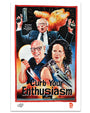 A vibrant Deadly Prey digital art poster features dramatic action-movie style illustrations of three people, one armed, with an explosion in the background and bold text reading "Curb Your Enthusiasm.