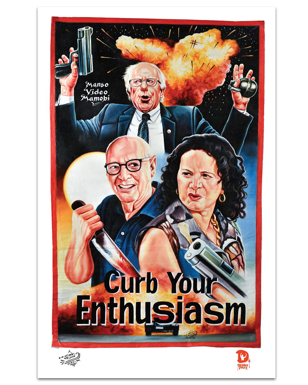 A vibrant Deadly Prey digital art poster features dramatic action-movie style illustrations of three people, one armed, with an explosion in the background and bold text reading "Curb Your Enthusiasm.