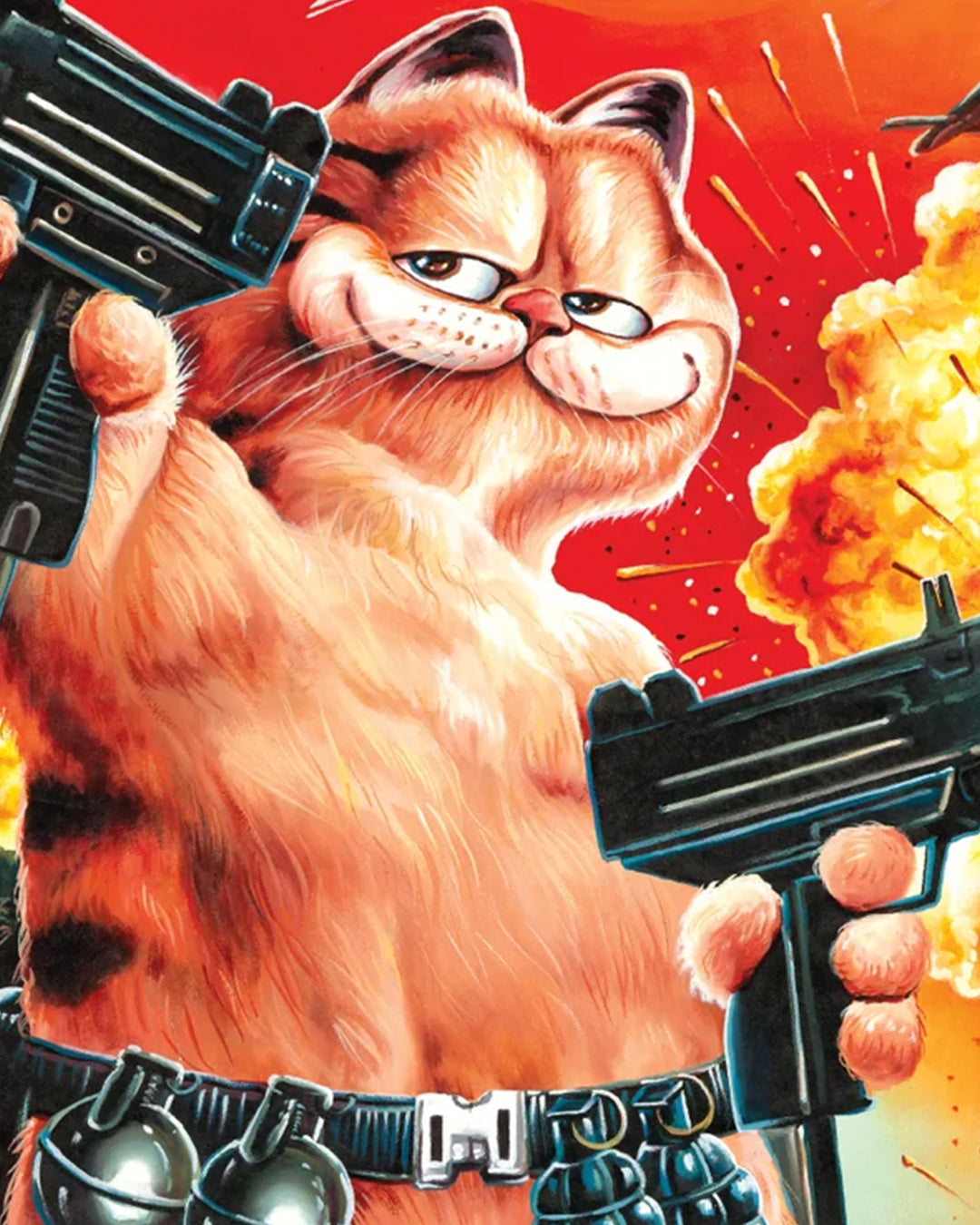 A muscular, cartoon orange cat with stripes wields guns and wears a grenade belt amid explosions. This Deadly Prey digital print exudes Heavy J energy and echoes Garfield the Movie’s bold attitude.