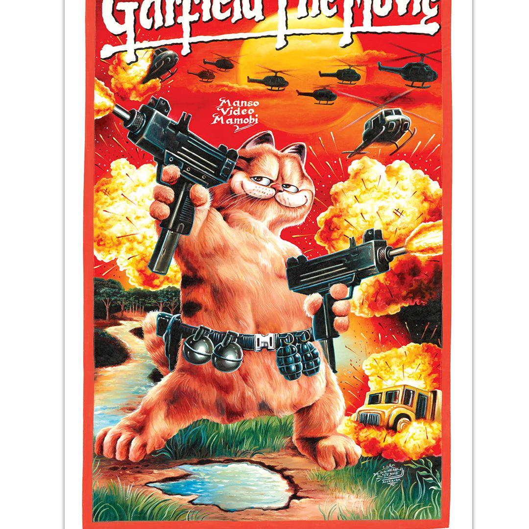 Deadly Prey presents a hilarious action film parody: Garfield wields two guns and a grenade belt amid fiery chaos and helicopters, evoking Heavy J style on this digital print.