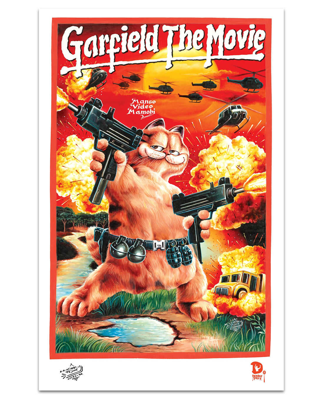 Deadly Prey presents a hilarious action film parody: Garfield wields two guns and a grenade belt amid fiery chaos and helicopters, evoking Heavy J style on this digital print.