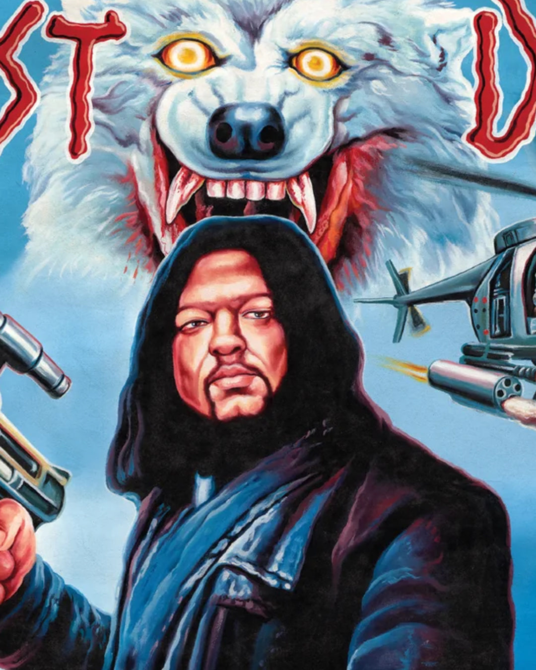 A man in a black hooded coat grips two guns as a fierce white wolf bares its teeth behind him and helicopters hover; this dramatic Deadly Prey digital print captures the intense energy of Ghost Dog.