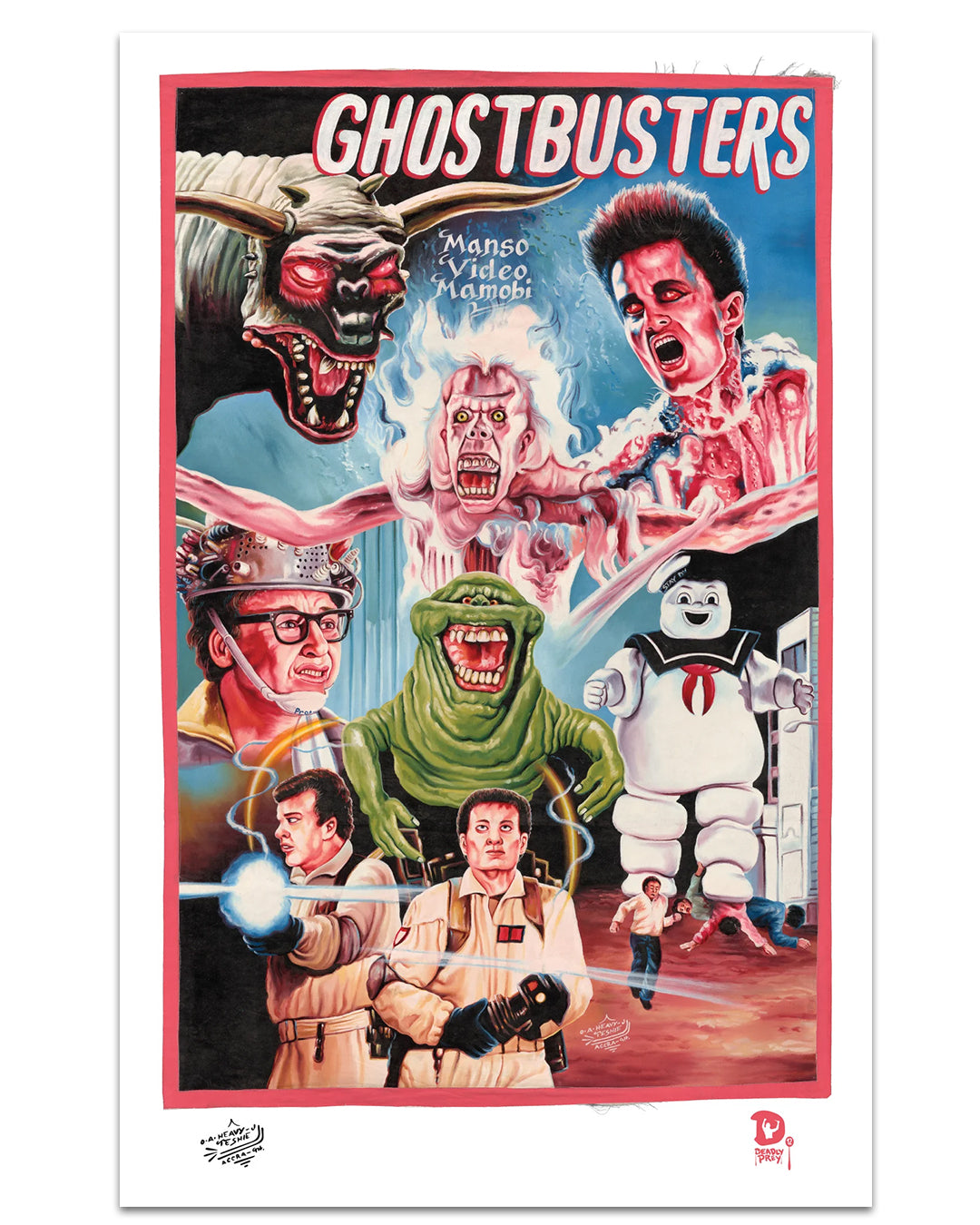 Deadly Prey’s vibrant digital Ghostbusters poster features the main characters in action, iconic monsters, and haunting scenes in a dynamic comic-style collage, printed on durable 100lb card stock.
