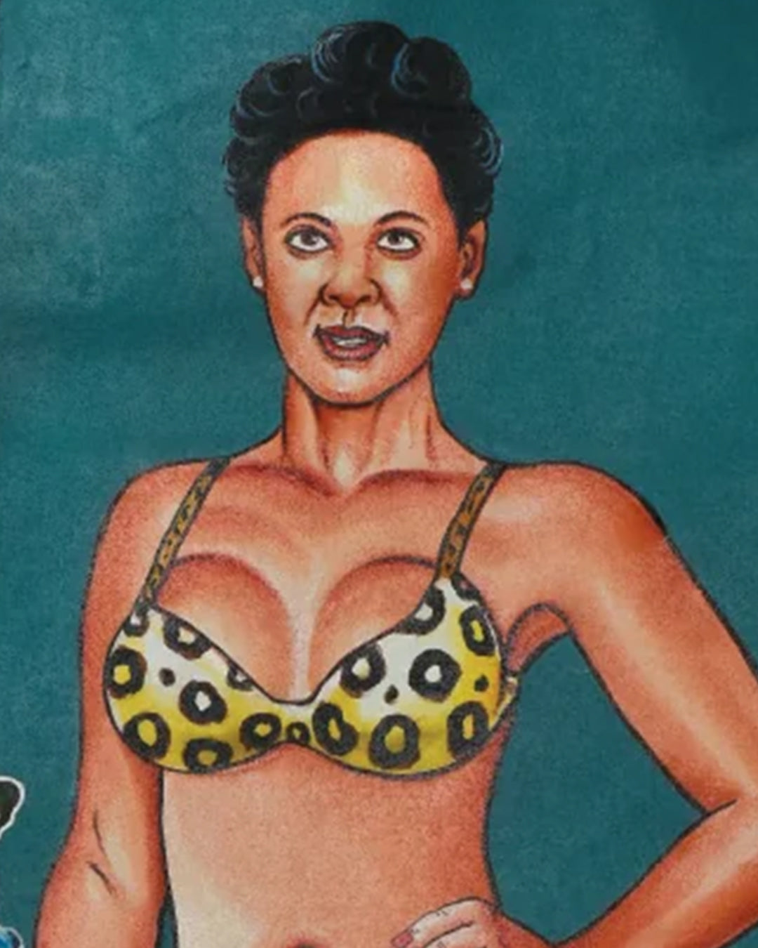 Digital print by Deadly Prey featuring a bold illustration of a woman with short dark hair, sexy tattoos, and a yellow and black leopard-print bikini top on a teal background—an eye-catching art piece in an exaggerated style.