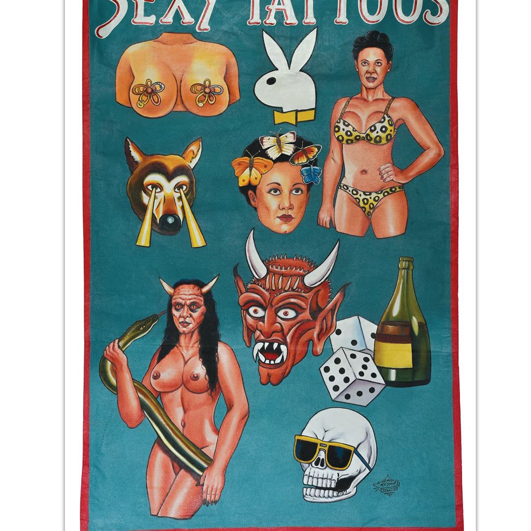 Deadly Prey’s Sexy Tattoos vintage flash poster by Heavy J features illustrated designs such as topless women, Playboy bunny logo, lingerie-clad women, a raccoon, devil woman, dice, champagne, and a skull in sunglasses. Digital print available.
