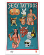 Deadly Prey’s Sexy Tattoos vintage flash poster by Heavy J features illustrated designs such as topless women, Playboy bunny logo, lingerie-clad women, a raccoon, devil woman, dice, champagne, and a skull in sunglasses. Digital print available.