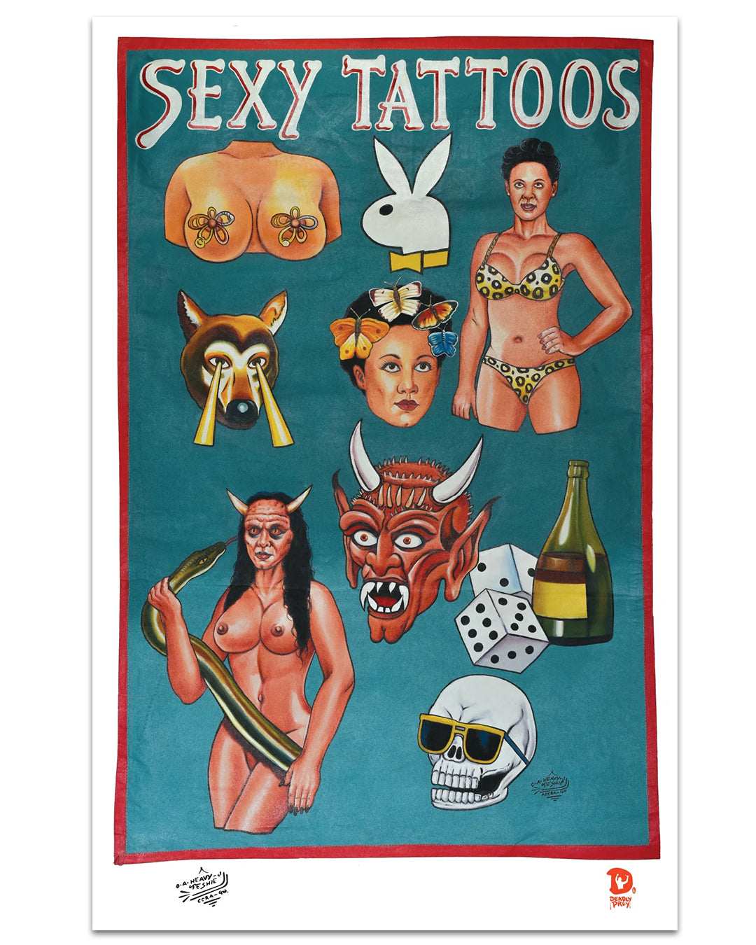 Deadly Prey’s Sexy Tattoos vintage flash poster by Heavy J features illustrated designs such as topless women, Playboy bunny logo, lingerie-clad women, a raccoon, devil woman, dice, champagne, and a skull in sunglasses. Digital print available.
