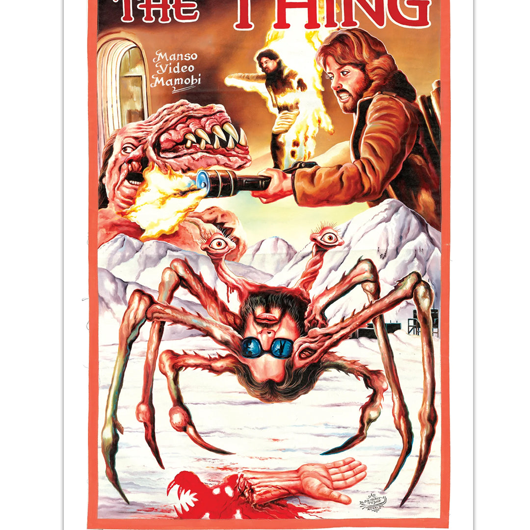 Deadly Prey’s art print movie poster for The Thing: Heavy J shows a tense moment—a man with a flamethrower confronts spider-legged, multi-eyed monsters with sharp teeth in a snowy, mountainous landscape.