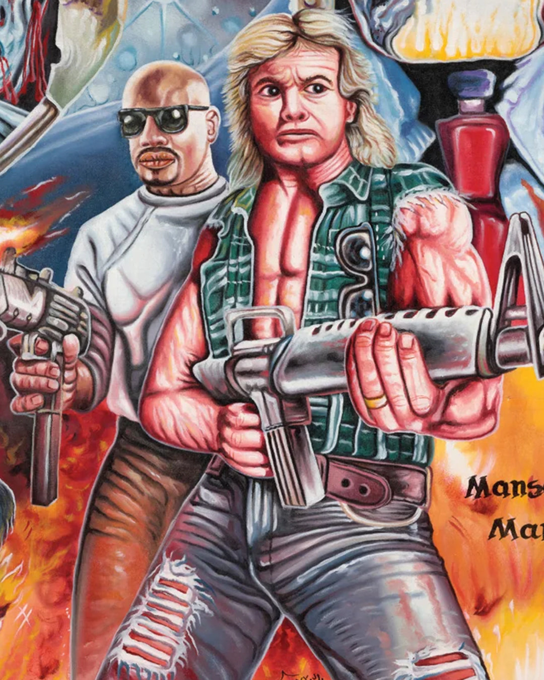 Two muscular men stand before flames in this action-packed Deadly Prey digital print: one, inspired by Heavy J, dons sunglasses and holds a gun; the other, with blonde hair and a green plaid vest, wields a large weapon.