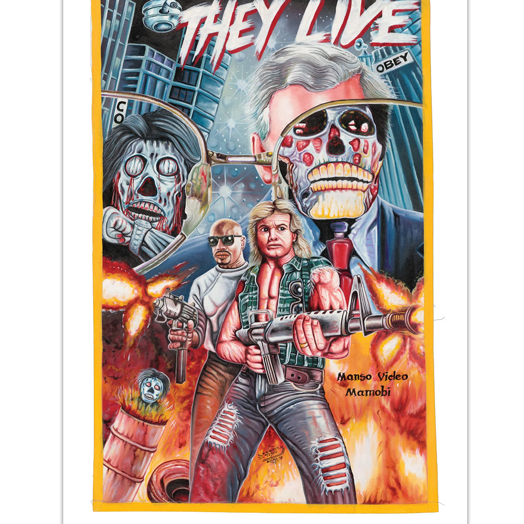 Deadly Prey’s illustrated digital print poster for John Carpenter’s “They Live” features a heroic figure with a gun, Heavy J in sunglasses, a cityscape, sinister skeletal faces, and the word “OBEY” in the background.