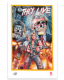 Deadly Prey’s illustrated digital print poster for John Carpenter’s “They Live” features a heroic figure with a gun, Heavy J in sunglasses, a cityscape, sinister skeletal faces, and the word “OBEY” in the background.