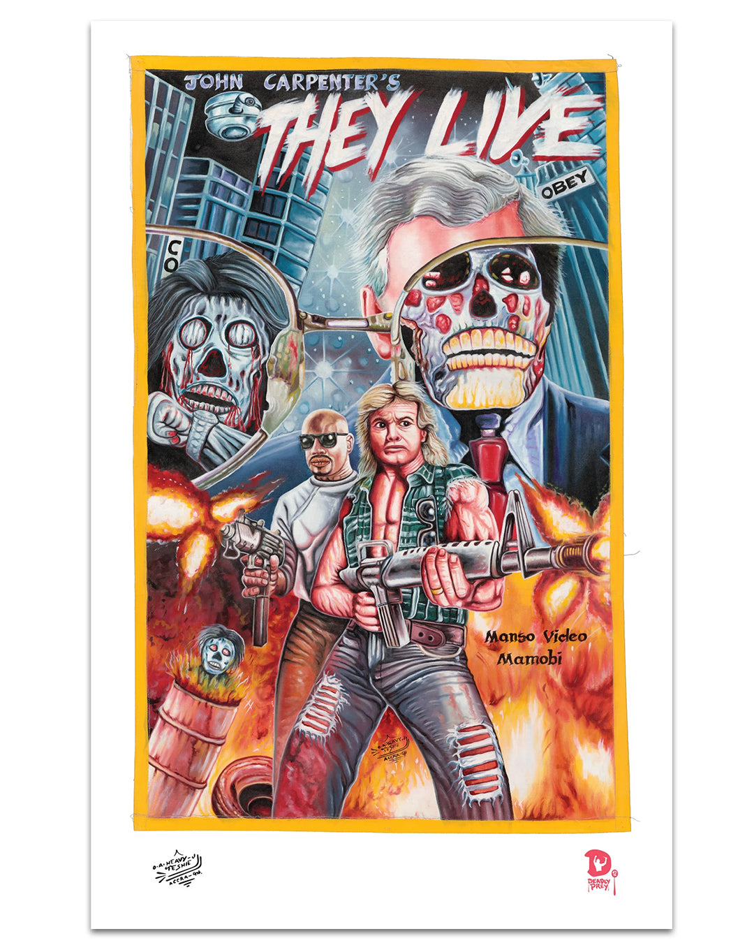 Deadly Prey’s illustrated digital print poster for John Carpenter’s “They Live” features a heroic figure with a gun, Heavy J in sunglasses, a cityscape, sinister skeletal faces, and the word “OBEY” in the background.