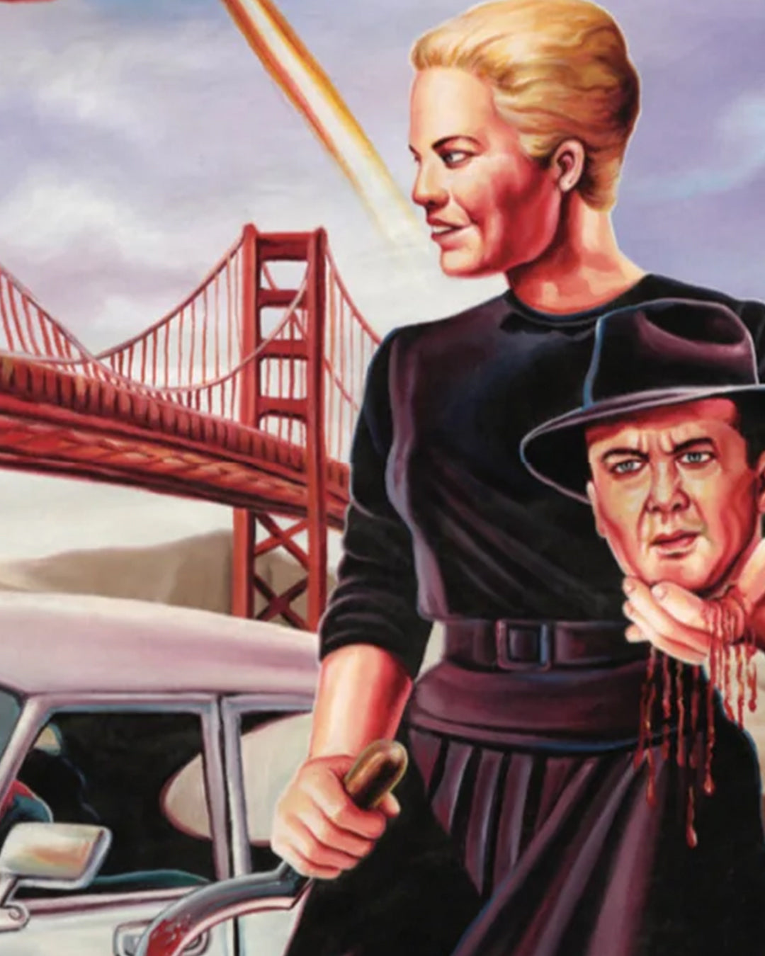 A woman holding a sausage and a man in a hat capture the Vertigo-inspired style in this Deadly Prey digital print.