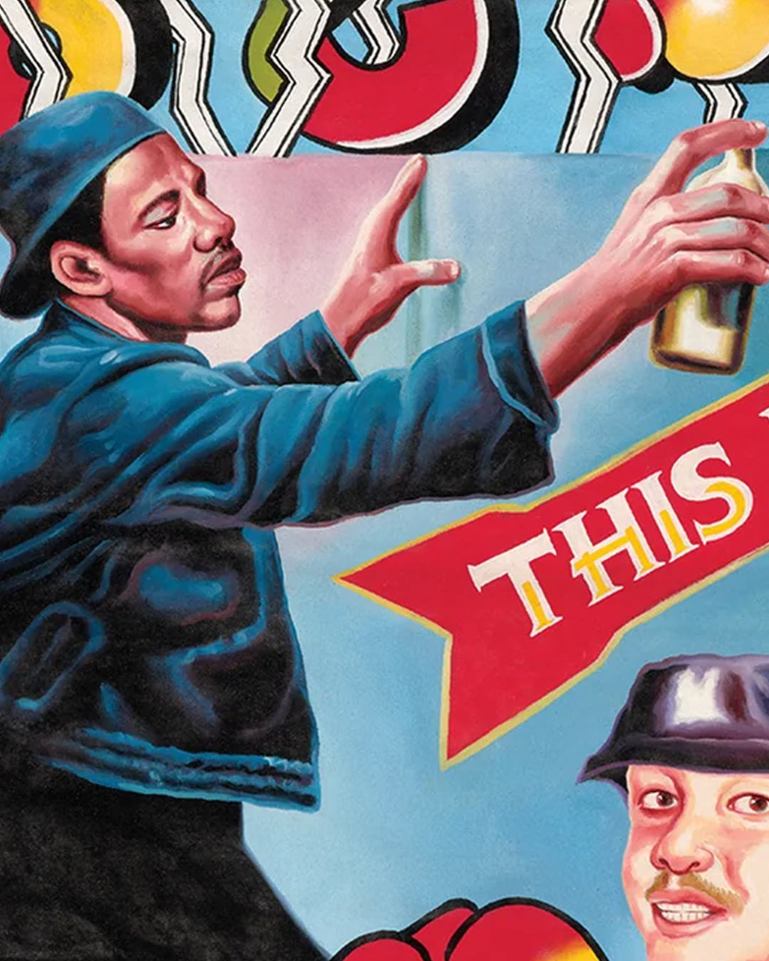 A vibrant digital print from Deadly Prey features a man in a blue jacket and hat with a spray paint can, reaching for a wall. A red banner with yellow "THIS" text and another figure’s head evoke Wild Style energy.