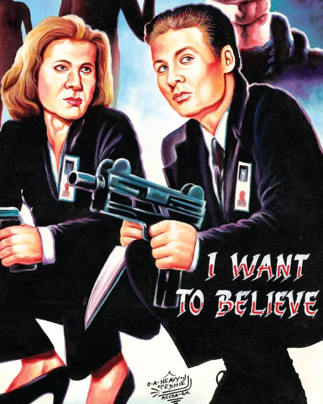 Two cartoon FBI agents in black suits crouch with guns, evoking X-Files energy as “I WANT TO BELIEVE” appears beside them. This Deadly Prey digital print on sturdy 100lb card stock is perfect for fans of vintage comic book style.