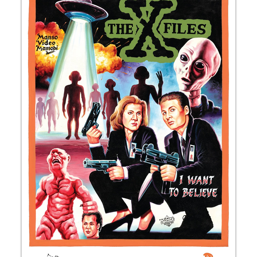 Deadly Prey's digital print poster of “The X-Files” shows Agents Scully and Mulder with guns, aliens, a UFO abduction, and the phrase “I WANT TO BELIEVE,” all in a bold, vibrant comic-book style.