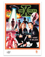 Deadly Prey's digital print poster of “The X-Files” shows Agents Scully and Mulder with guns, aliens, a UFO abduction, and the phrase “I WANT TO BELIEVE,” all in a bold, vibrant comic-book style.