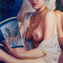 A woman draped in sheer white fabric reads a butterfly-illustrated book, her layered gold necklaces glinting. Reminiscent of Helice Wen's style for Spoke Art, the intimate scene includes another person seated behind her, mostly out of view.