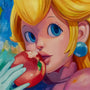 A close-up oil painting by Helice Wen features a blonde woman with large blue eyes, turquoise earrings, and pink outfit with a light blue glove, about to bite a red apple. The abstract background is inspired by Super Mario Bros game art.