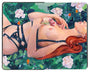 painting in an open face Moleskine notebook of a nude woman with red hair wearing strappy harnesses and holding a flower against her chest as she lays in a lush garden by artist Helice Wen