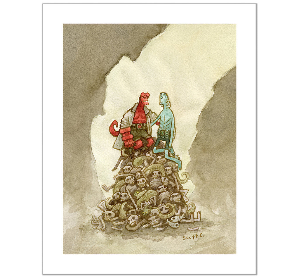 Two comic-style characters, one red and one blue, stand on a pile of skulls in this signed and numbered artwork titled Friends Upon a Mound by Scott C., featuring a smoky background and beam of light. Brand: Scott C.