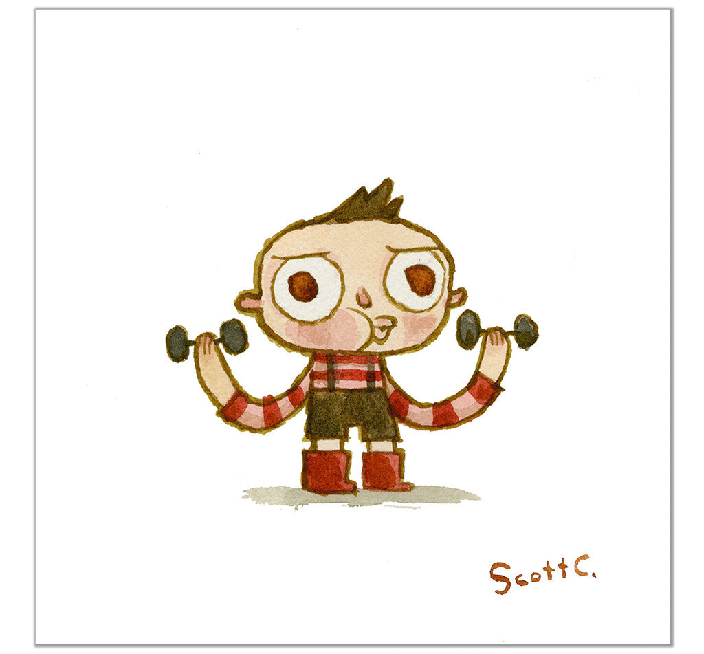 A cartoon child with big eyes, short dark hair, and red boots lifts small dumbbells in a Hug Machine Workout. Wearing black shorts and a striped shirt, the figure appears on a white background. Archival Pigment Print by Scott C.