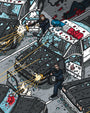 Two police officers take cover behind squad cars in a dramatic archival pigment print by Liam Tooher, as bullets fly through shattered windows and broken glass covers the street, with a motionless figure near a police car.