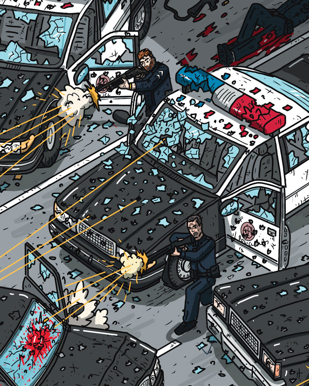 Two police officers take cover behind squad cars in a dramatic archival pigment print by Liam Tooher, as bullets fly through shattered windows and broken glass covers the street, with a motionless figure near a police car.