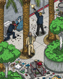 In this Liam Tooher archival pigment print, three people are in a chaotic street scene: one man hides behind a palm with a smoking gun, another fires upward, and a police officer takes cover near litter and an overturned cart.