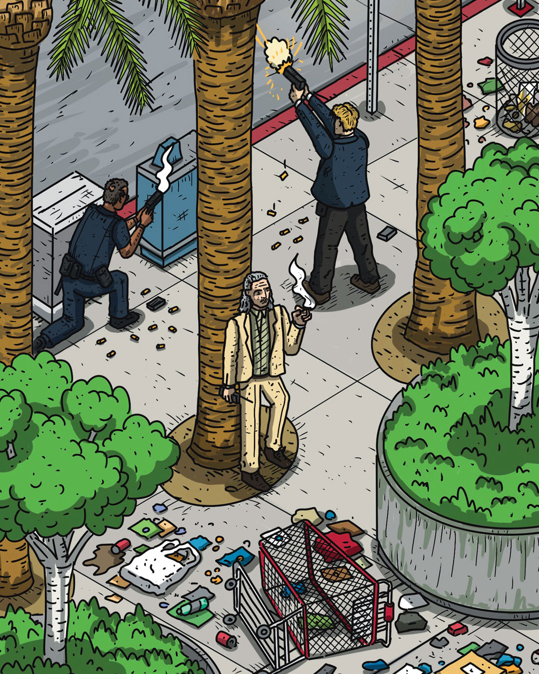In this Liam Tooher archival pigment print, three people are in a chaotic street scene: one man hides behind a palm with a smoking gun, another fires upward, and a police officer takes cover near litter and an overturned cart.