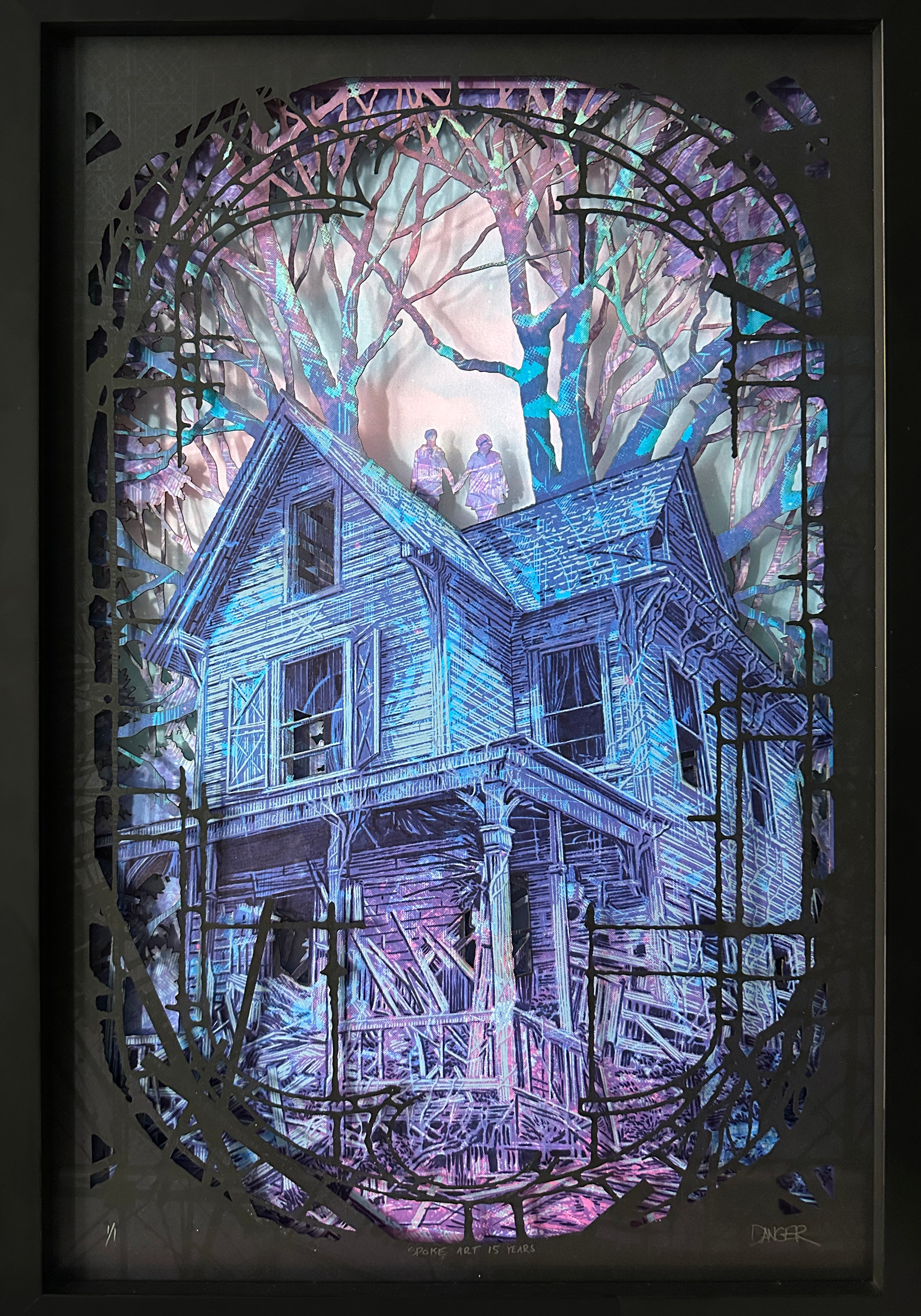 A colorful, shadowy illustration in Daniel Danger's style for Spoke Art shows a rundown two-story house with broken porch and windows amid leafless trees. Two silhouetted figures stand on the roof beneath glowing, swirling light.
