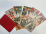 A set of six Arna Miller vintage-style cat Christmas cards, featuring playful tabby cats in festive scenes, is displayed with a red envelope on a white background.