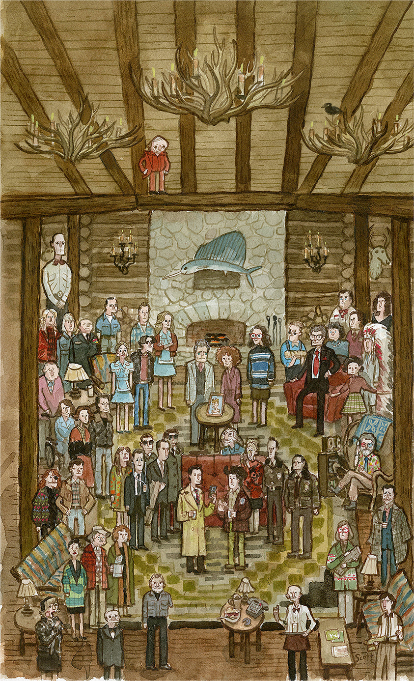 A cozy, rustic room with dozens of uniquely dressed guests beneath antler chandeliers and a blue whale over the fireplace—evoking the whimsical watercolor style of Scott C.