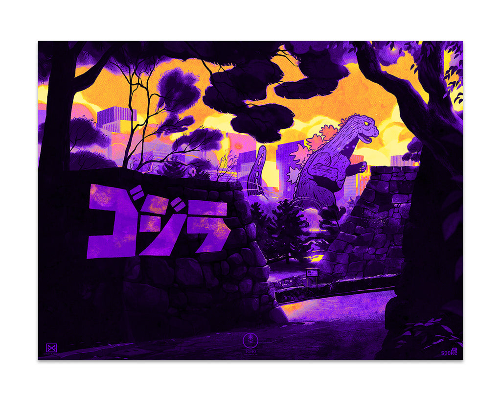 Print of Godzilla walking through a city in purple and orange