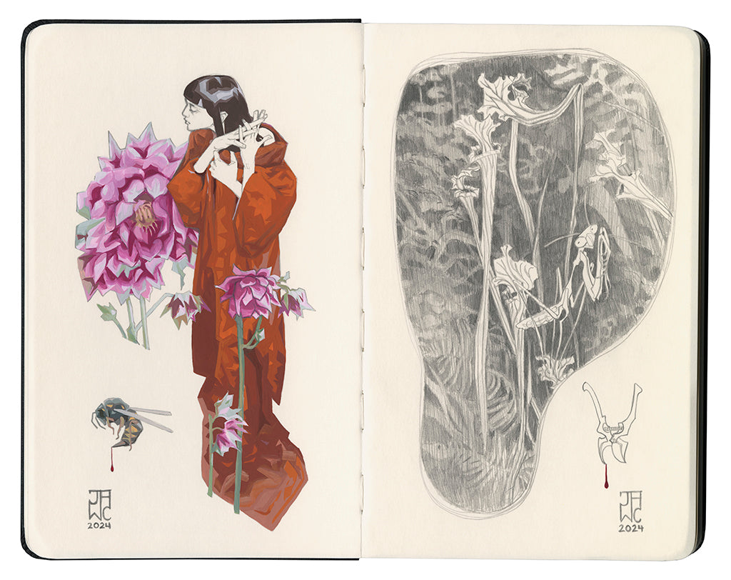 open faced Moleskine notebook with one painting of a woman in a red robe surrounded by lush pink flowers on one page, and on the other page is a graphite drawing of a praying mantis amongst foliage by artist J.A.W. Cooper