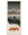 JC Richard's stylized screen print for Jaws 50th Anniversary features a shark fin in dark water with a vibrant beach town and swimmers behind, and the bold title "JAWS" displayed at the bottom.